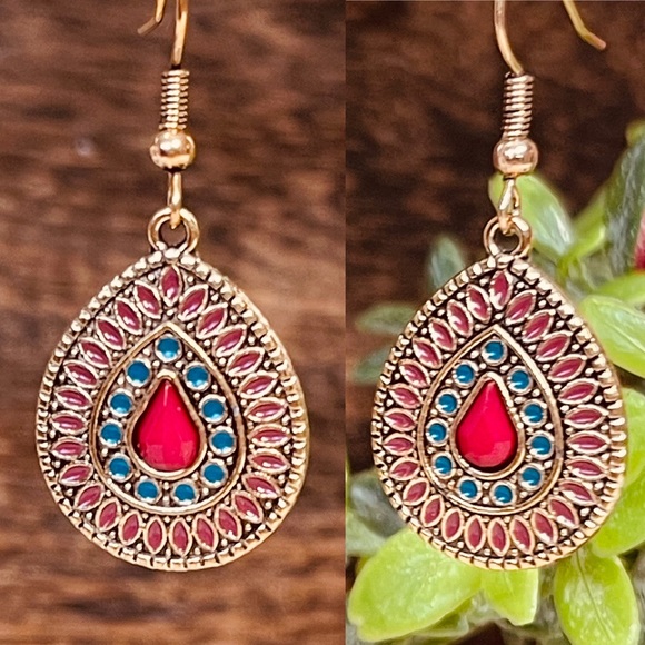 Hand Crafted Jewelry - MINI PEACOCK TEARDROP EARRING boho chic Golden textured Southwestern flare Ruby